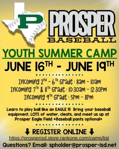 ‼️ Don’t forget ‼️

💚 🦅 THE Prosper Eagle Baseball Camp is next week and it’s not too late to register!